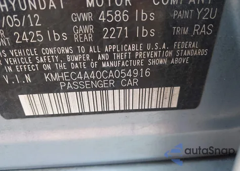 2012 Hyundai Sonata Hybrid z USA, uszkodzony, nr VIN KMHEC4A40CA054916